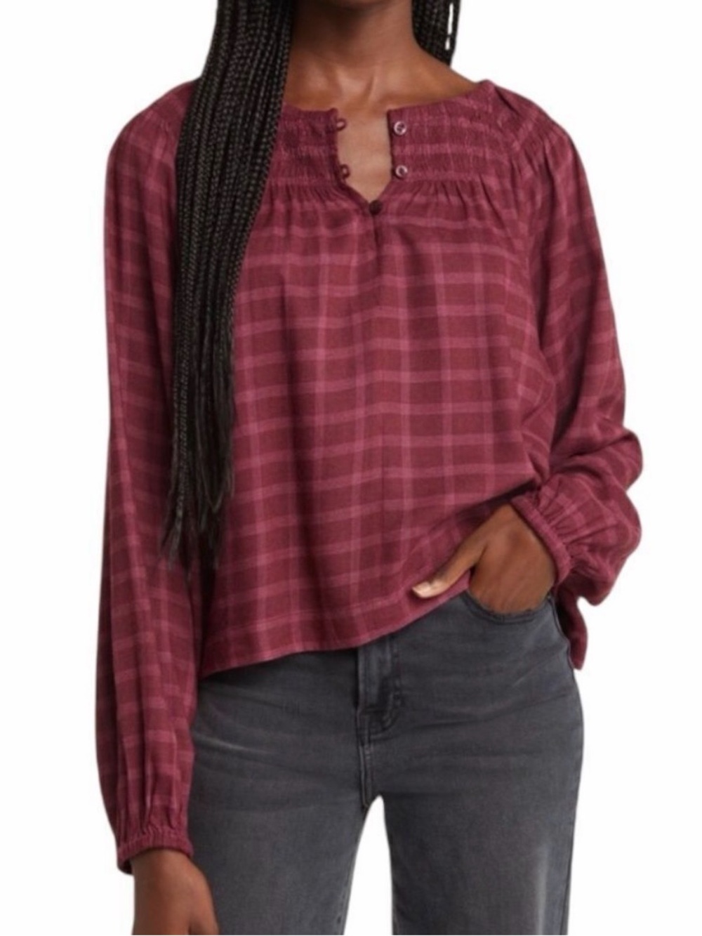 Treasure & Bond Windowpane Plaid Smoked Popover Top
